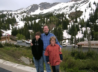 Jim and the boys in front of Alta's Albion Basin (too much snow for mountain biking).