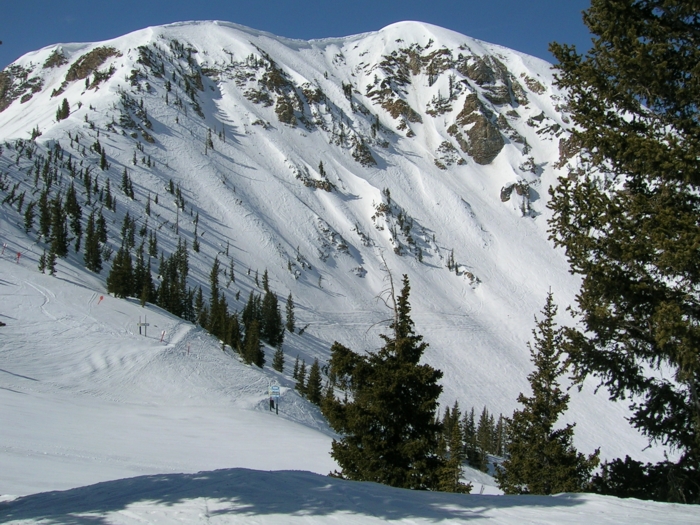 Alta's Mount Baldy, with top of Sunshine Bowl to right.  Skiers regularly ski down Baldy's chutes, after hike to top.