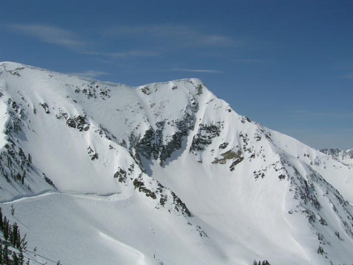 Snowbird's Twin Peak, with pipeline cutting diagonal swath right to left.  To far right is where Jim fell (and Nathan rescured) in 2004.