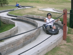 Ave finisihing a luge run down the Flying Mile at Mont Tremblant.